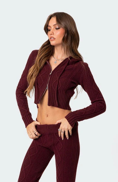 Shop Edikted Ray Cable Knit Hooded Crop Cardigan In Burgundy