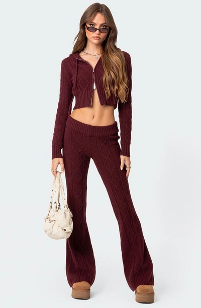 Shop Edikted Ray Cable Knit Hooded Crop Cardigan In Burgundy