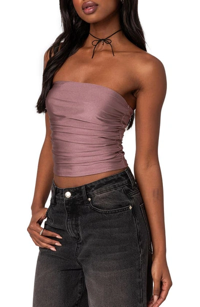 Edikted Maxeen Shiny Ruched Tube Top In Mauve