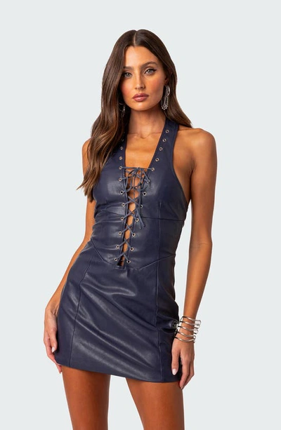 Edikted Women's Fiia Lace Up Faux Leather Mini Dress In Navy