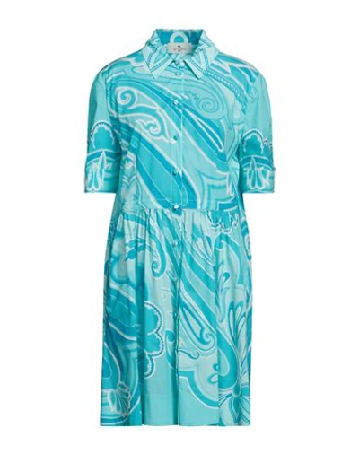 Shop Etro Woman Mini Dress Turquoise Size 6 Cotton, Elastane In Blue