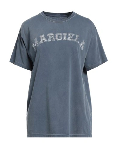 Maison Margiela Blue Crewneck T-shirt With Logo Lettering Print In Cotton Woman In Blue
