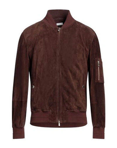 Shop Brunello Cucinelli Man Jacket Brown Size L Leather, Cotton