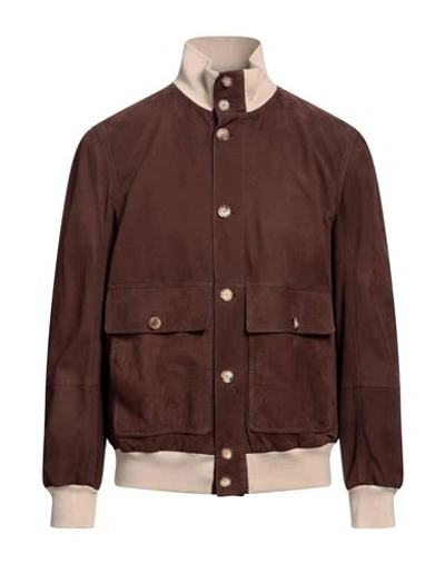 Shop Brunello Cucinelli Man Jacket Dark Brown Size L Leather, Cotton
