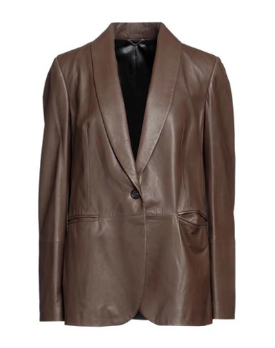 Shop Brunello Cucinelli Woman Blazer Brown Size 10 Soft Leather