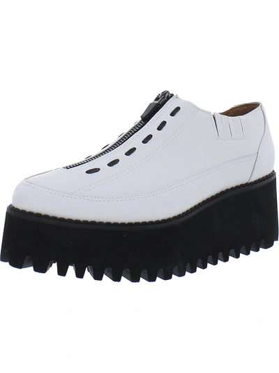 Shop All Black Center Zipper Womens Leather Lugged Sole Loafer Heels In White