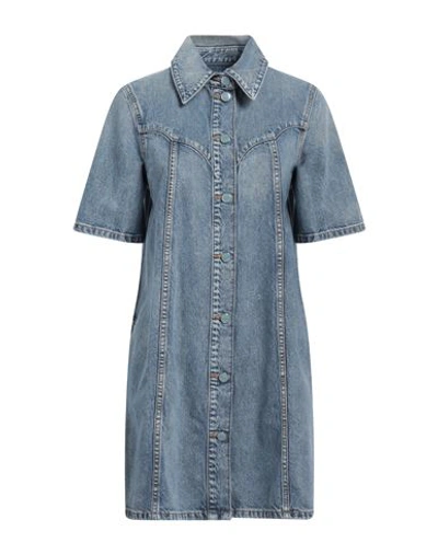 Shop Ganni Woman Mini Dress Blue Size 6 Organic Cotton