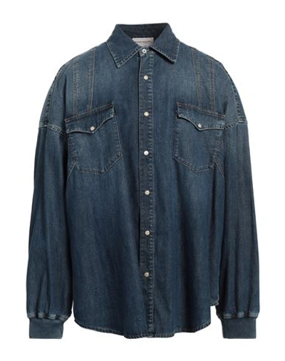 Shop Alexander Mcqueen Man Denim Shirt Blue Size 42 Cotton, Polyamide, Elastane