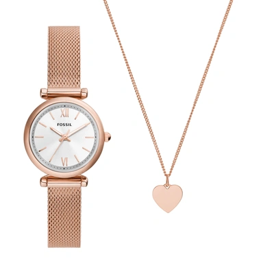 Shop Fossil Women's Carlie Three-hand, Rose Gold-tone Stainless Steel Watch And Necklace Box Set In Multi