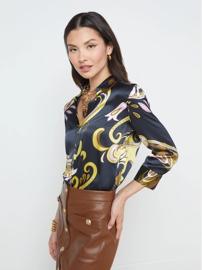 Shop L Agence Dani Silk Blouse In Olive Multi Abstract Scarf