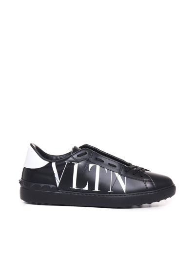 Shop Valentino Open Sneaker In Calfskin With Vltn Logo Print In Nero-bianco/bianco
