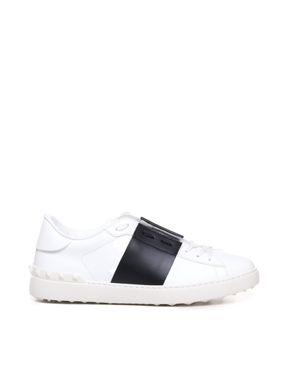 Shop Valentino Open Leather Sneakers In White/black