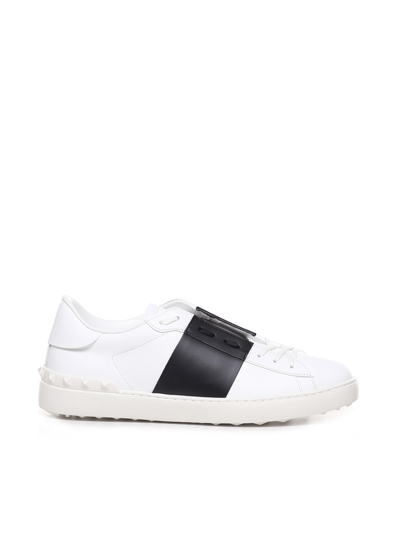 Shop Valentino Open Leather Sneakers In White/black