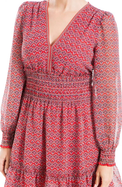 Shop Max Studio Geometric Floral Print Smocked Waist Dress In Red Floral Kaleidoscopic