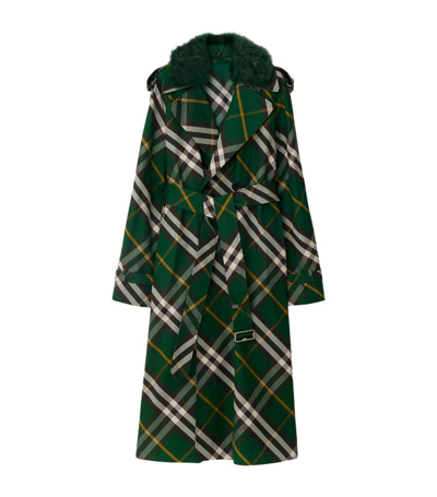Shop Burberry Check Print Long Trench Coat In Ivy Ip Check
