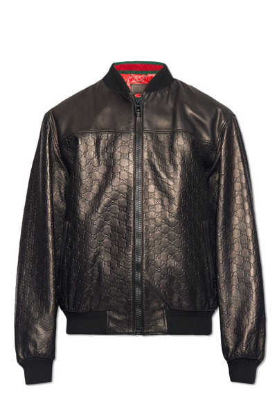 Shop Gucci Gg Embossed Leather Bomber Jacket In Black