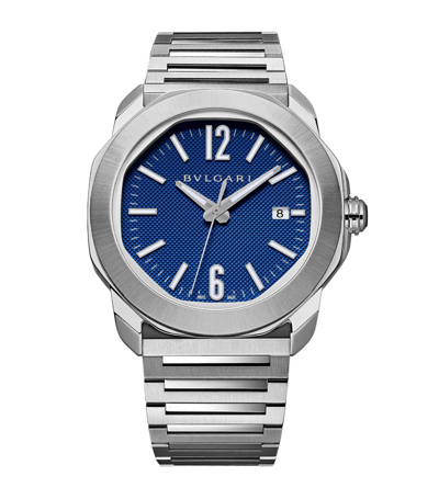 Shop Bvlgari Stainless Steel Octo Roma Automatic Watch 41mm In Blue