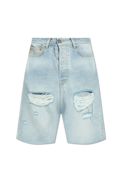 Shop Vetements Distressed Denim Shorts In Blue