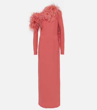 Taller Marmo Peony Coloured Long Dress With Feathers In Pink