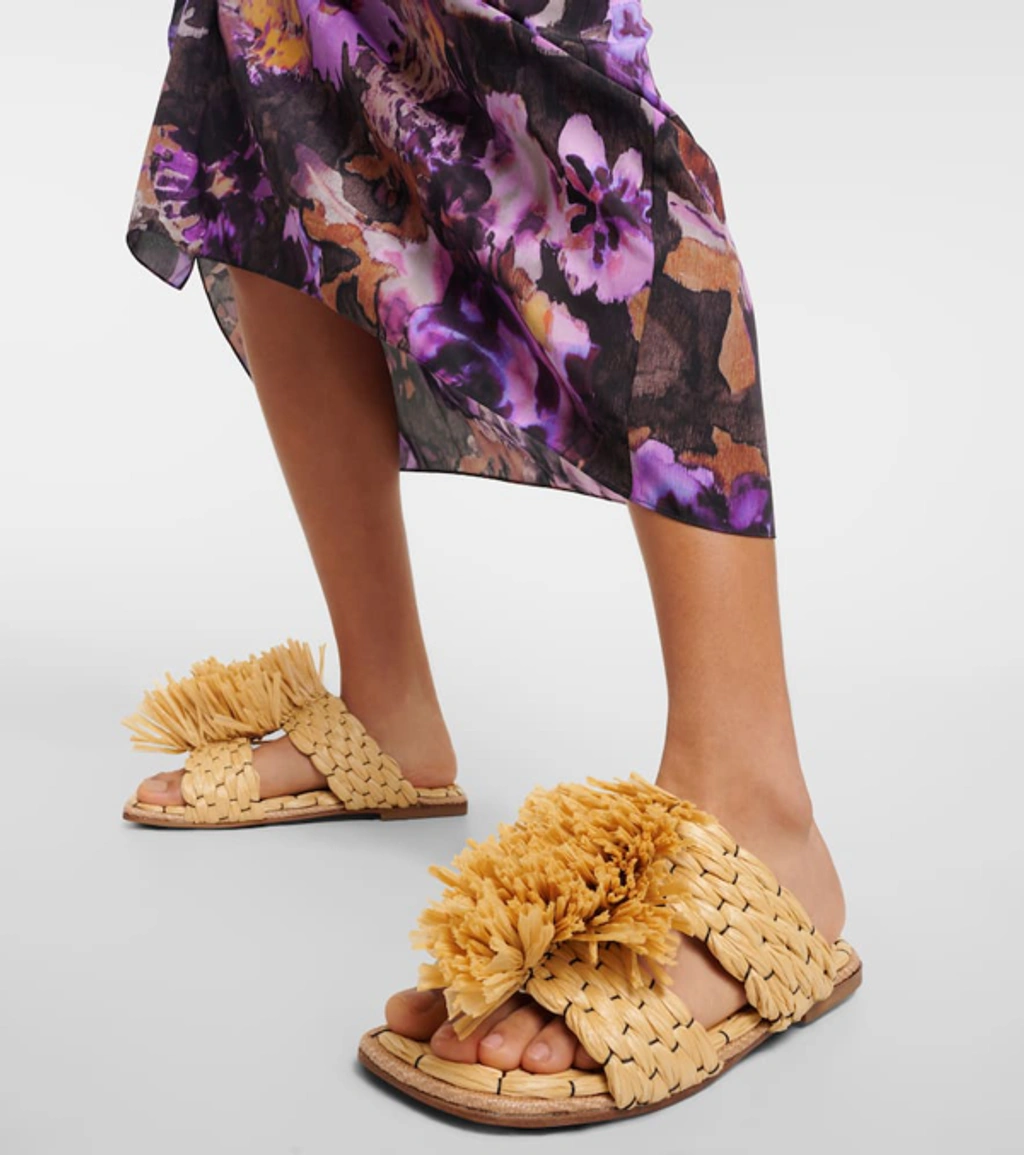 Dries Van Noten Raffia Fringe Dual-band Slide Sandals In