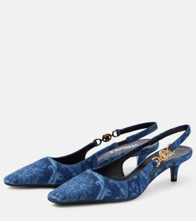 Shop Versace Barocco Denim Slingback Pumps In Blue