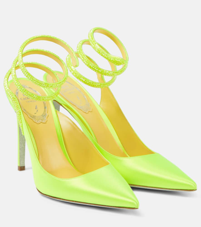 Shop René Caovilla Cleo Crystal-embellished Satin Pumps In Yellow