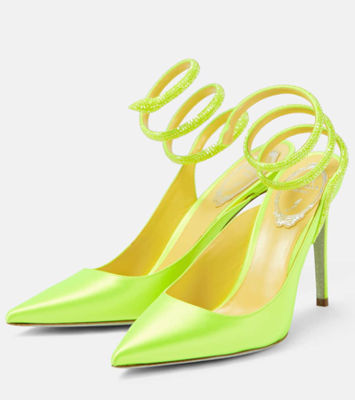 Shop René Caovilla Cleo Crystal-embellished Satin Pumps In Yellow