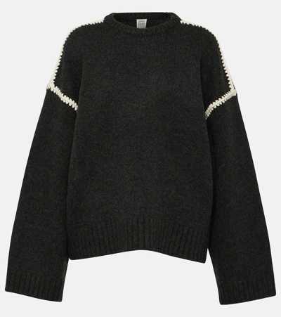 Shop Totême Embroidered Wool And Cashmere Sweater In Grey