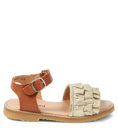 Petit Nord Ruffles Metallic Leather Sandals In Gold