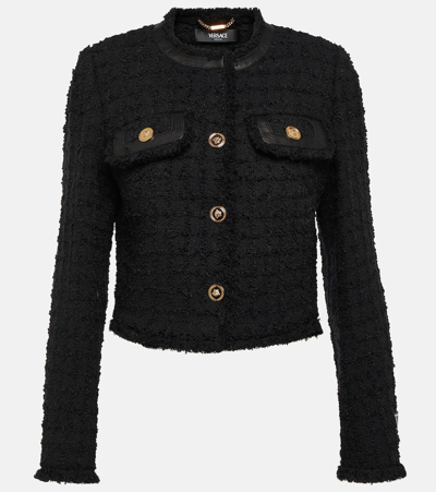Shop Versace Cropped Bouclé Jacket In Black