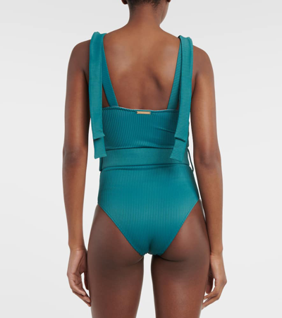 Shop Alexandra Miro Audrey Bow-detail Belted Swimsuit In Blue