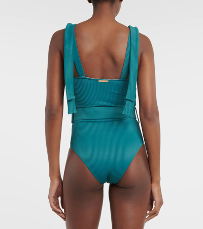Alexandra Miro Audrey Bow-detail Belted Swimsuit In Blue
