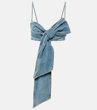 Shop Blumarine Bow-detail Denim Crop Top In Blau