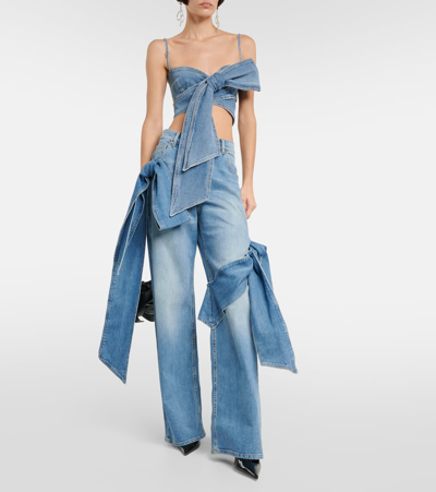 Blumarine Denim Sleeveless Crop Top W/bow In Blau