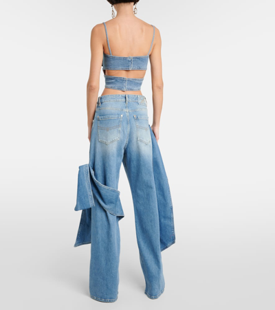 Shop Blumarine Bow-detail Denim Crop Top In Blau