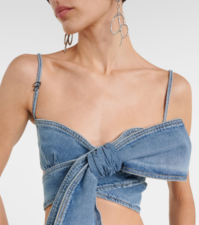 Blumarine Denim Sleeveless Crop Top W/bow In Blau