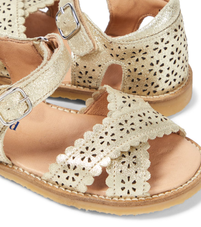 Shop Petit Nord Crossover Scallop Flower Leather Sandals In Gold