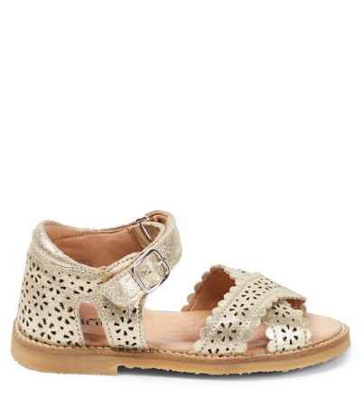 Shop Petit Nord Crossover Scallop Flower Leather Sandals In Gold