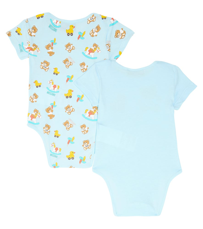 Shop Moschino Baby Set Of 2 Printed Cotton Bodysuits In Blue