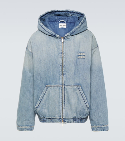 Shop Miu Miu Logo Denim Hoodie In Blue