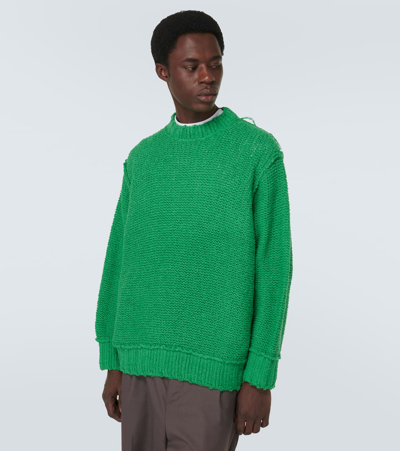 Shop Sacai Distressed Cotton Sweater In Green
