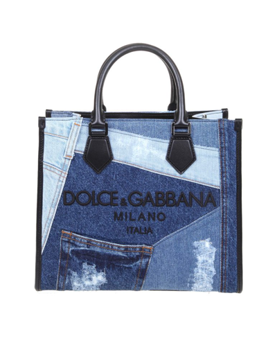 Shop Dolce & Gabbana Logo Embroidered Denim Tote Bag In Blue