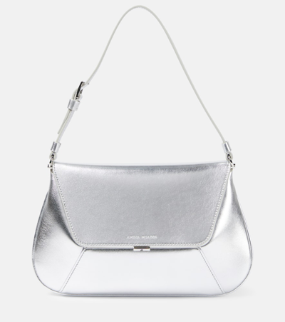 Shop Amina Muaddi Ami Leather Shoulder Bag In Silver