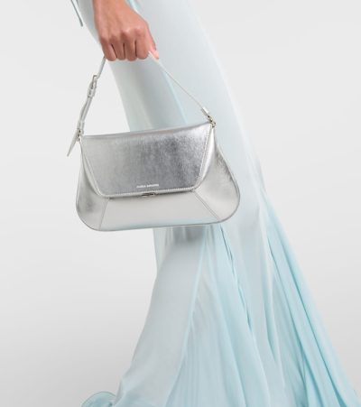 Shop Amina Muaddi Ami Leather Shoulder Bag In Silver