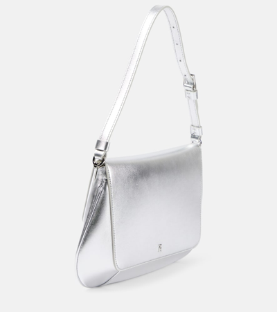 Shop Amina Muaddi Ami Leather Shoulder Bag In Silver