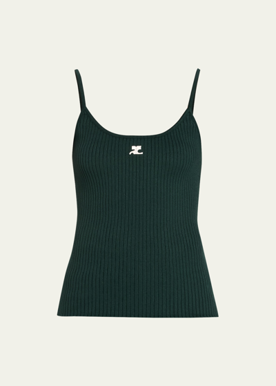 Shop Courrèges Logo Ribbed Knit Tank Top In Vert Fonce