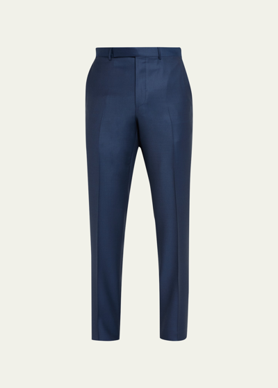 Shop Zegna Men's Flat-front Wool Pants In Nvy Sld