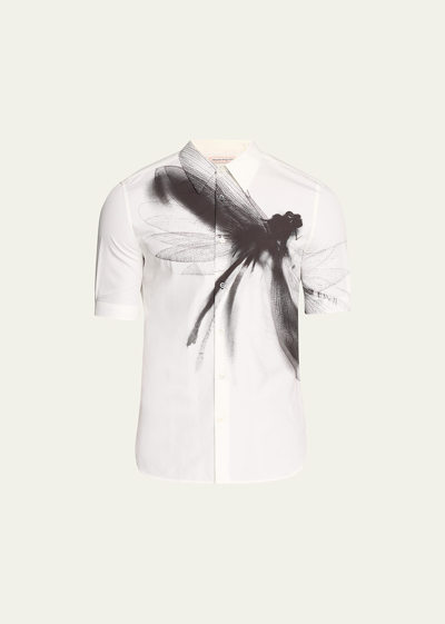 Shop Alexander Mcqueen Men's Cotton Poplin Dragonfly Print Short-sleeve Shirt In Ivory/blac