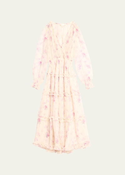 Shop Loveshackfancy Kailo Tiered Floral Silk Chiffon Midi Dress In Warm Pink Cloud