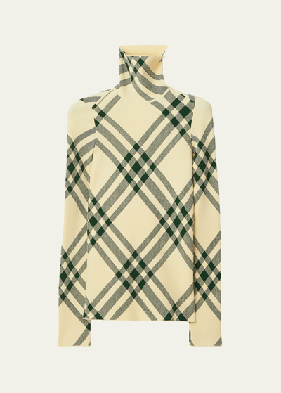 Shop Burberry Check Ribbed Turtleneck Sweater In Ivy Ip Check